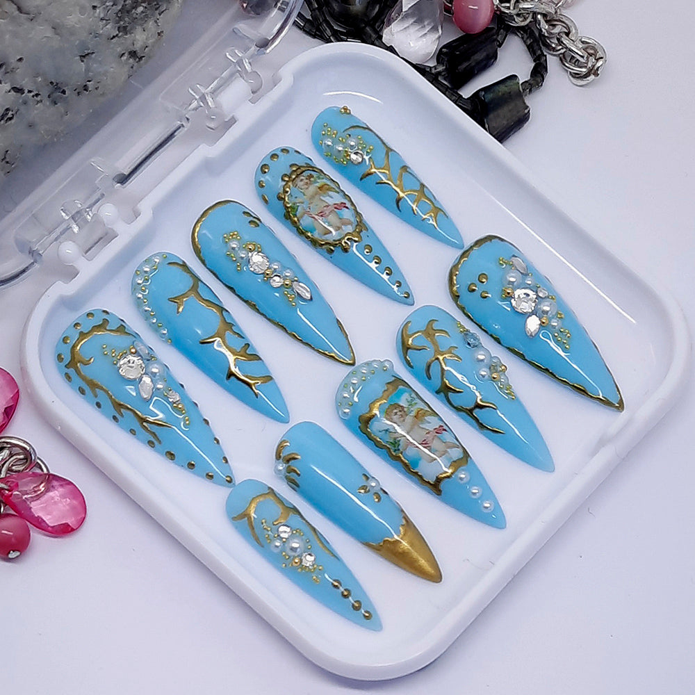 Size; Small, Blue & Gold Press on Nails