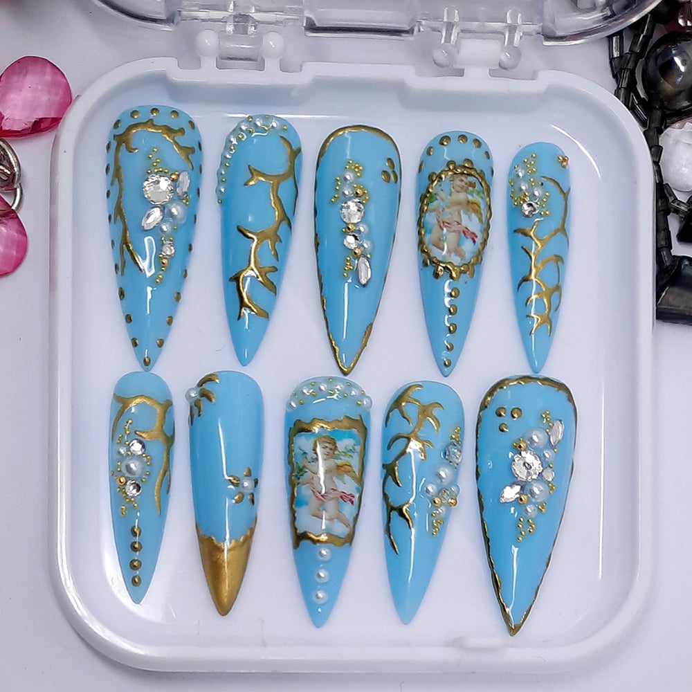 Size; Small, Blue & Gold Press on Nails