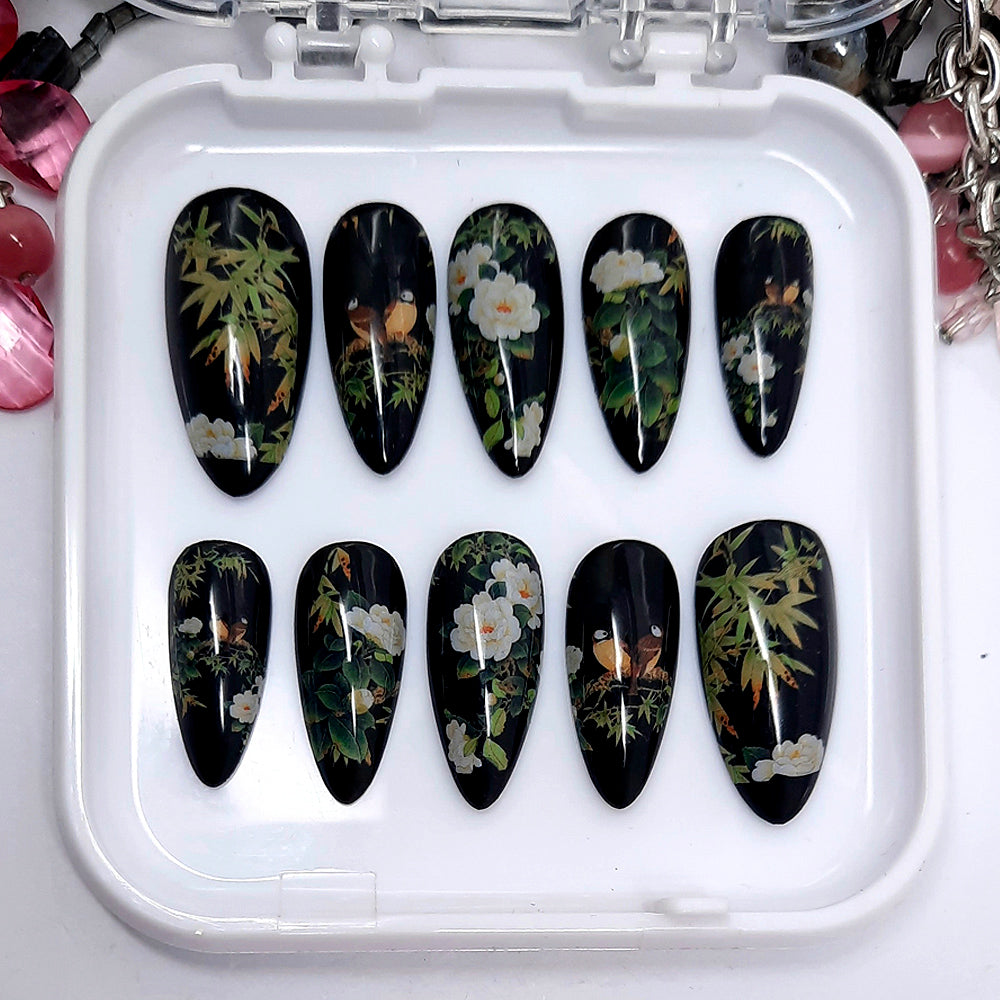 Beautiful Black Press On Nails with Oriental Vibes