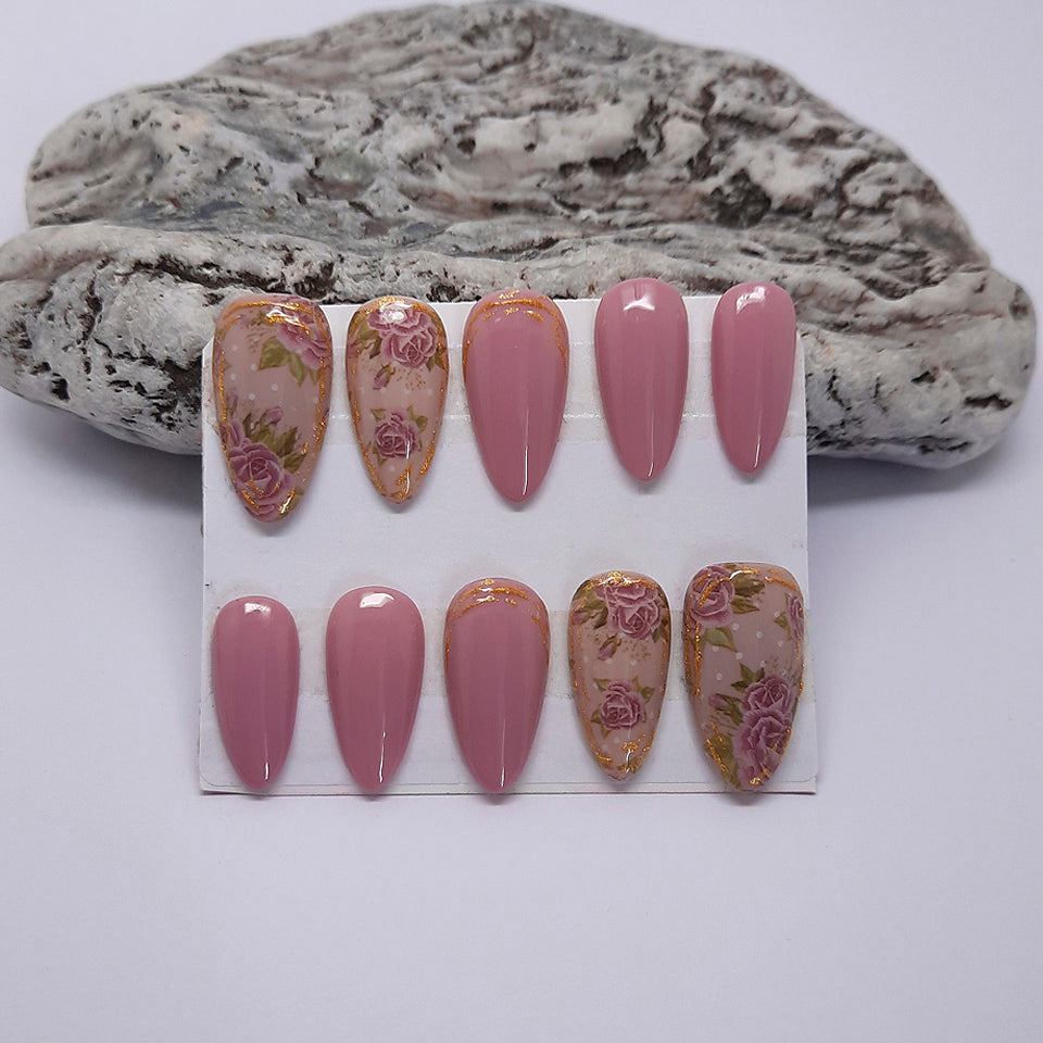 Pink Press On Nails with Gold & Roses
