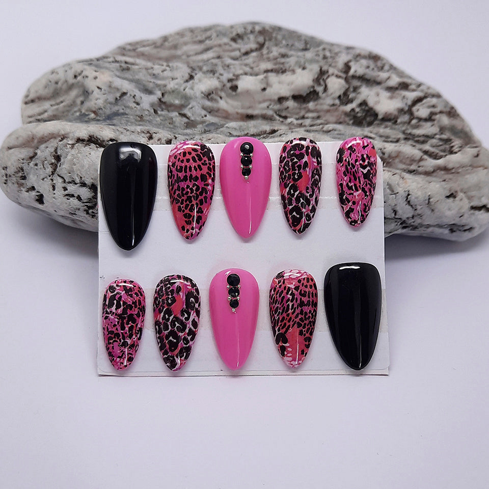 hand made black and pink animal print press on nails with black studs