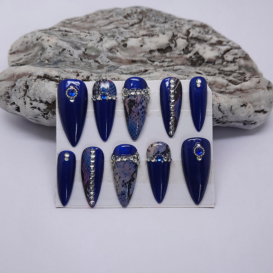 gorgeous sparkling dark blue press on nails with snakeskin and crystals