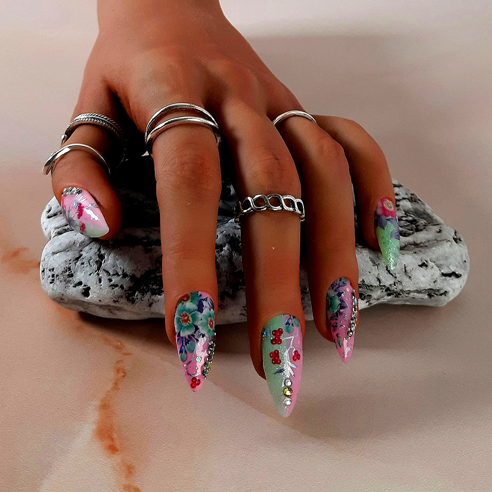full 20 nail press on set, in pink and green with flowers, glitter and crystals