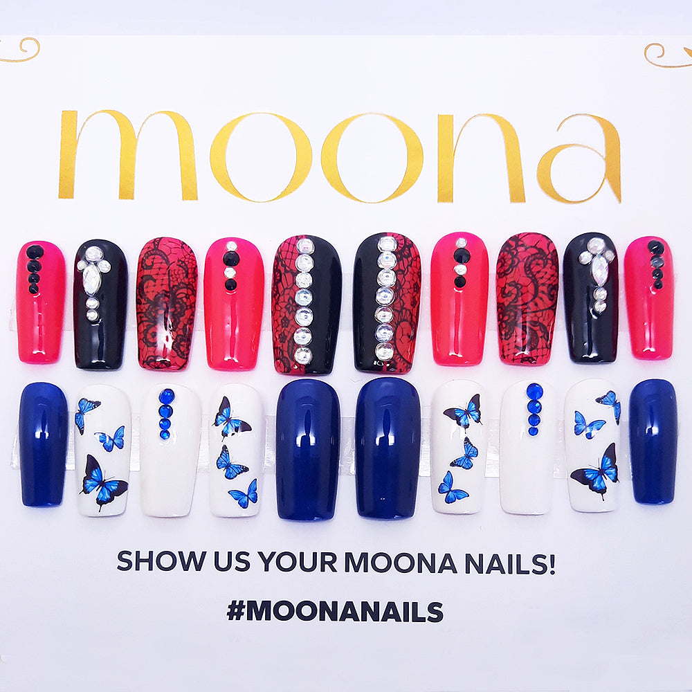 2 sets of colourful press on nail designs from Moona brand displayed on a white background.