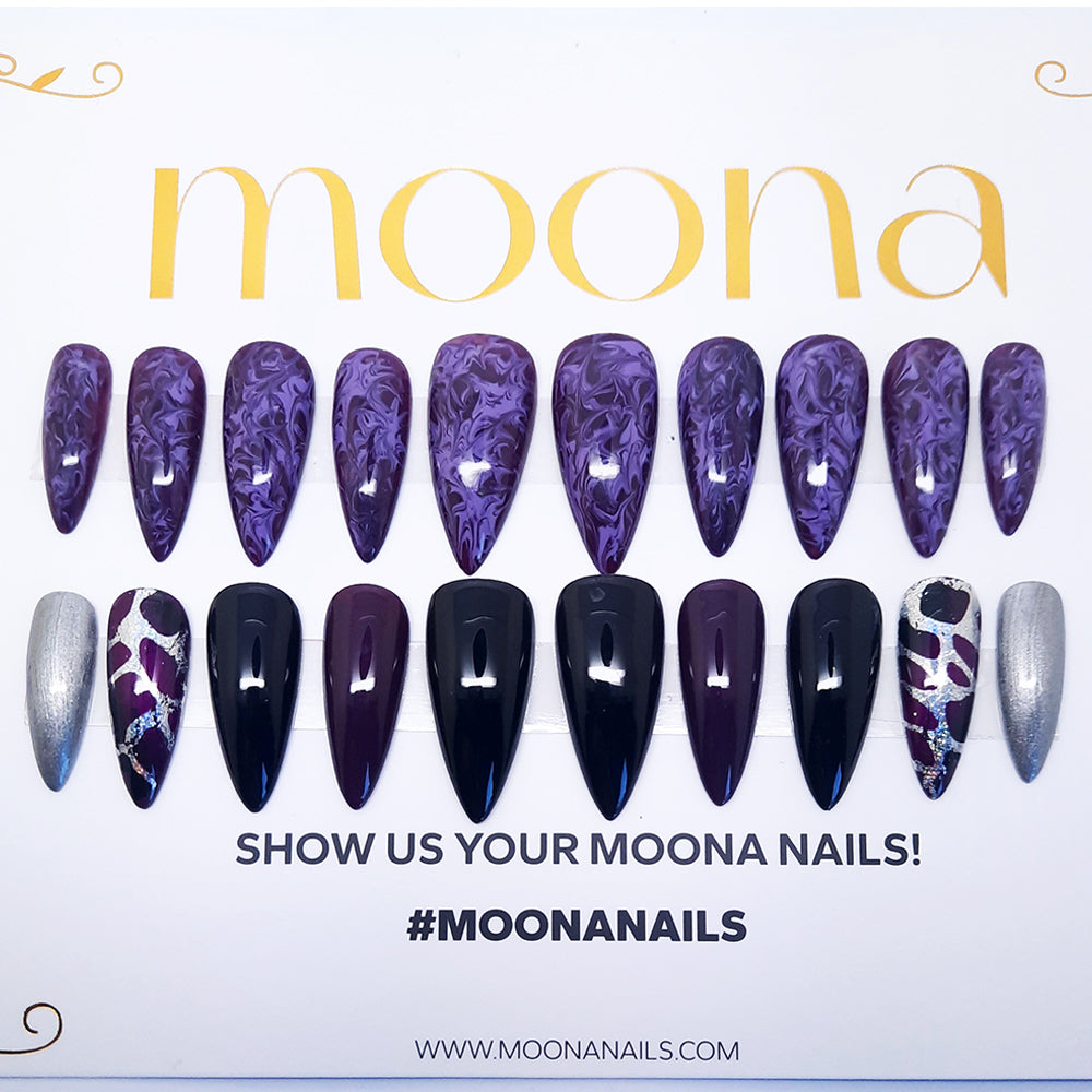 Display of Moona nail art designs with promotional text on a white background