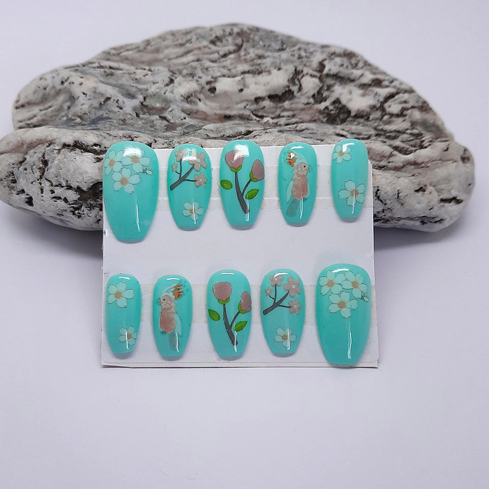 Pretty Pastel Green Press On Nails with Blossoms & Birds