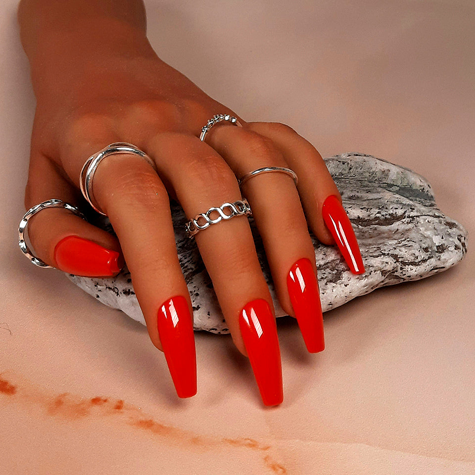 hand made red long coffin press on nails