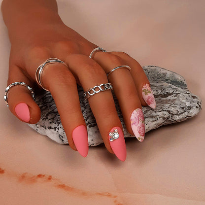 pretty pink short stiletto press on nails with roses and gems