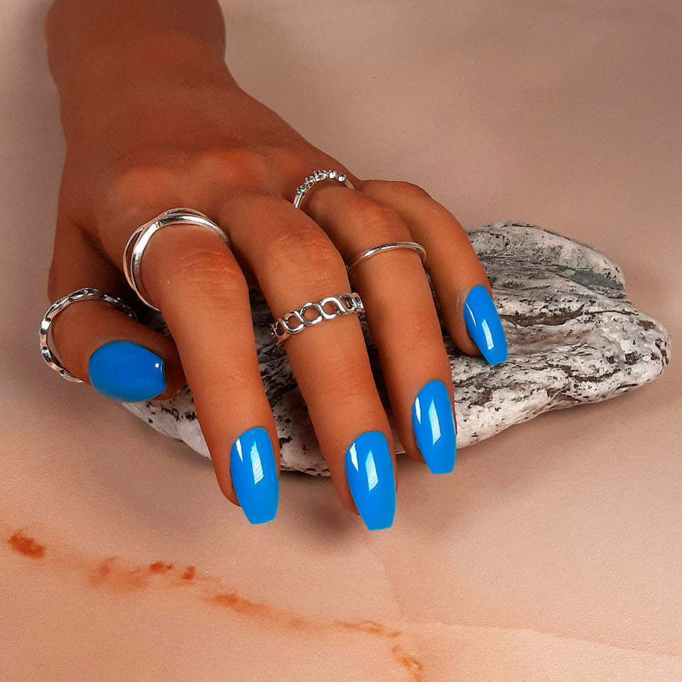 hand made blue short coffin press on nails