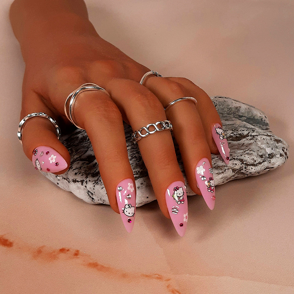 cute hand made pink hello kitty stiletto press on nails