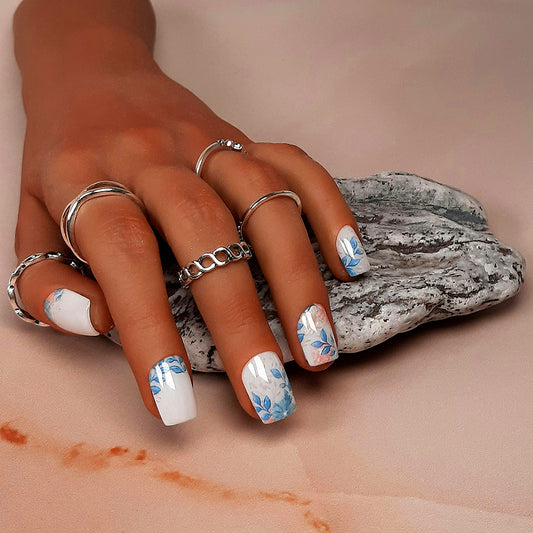 hand made milky white short square press on nails with flowers and leaves