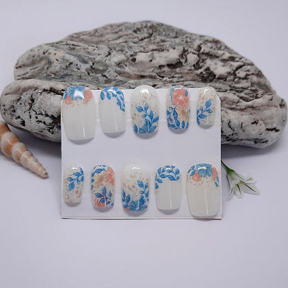 Cute Press On Nails with Flowers & Leaves