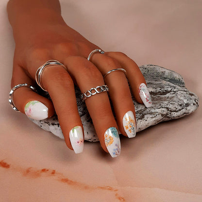 White Floral Press On Nails