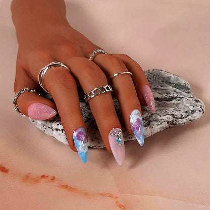 hand made stiletto press on nails in pinks and blues with flowers, glitter and crystals