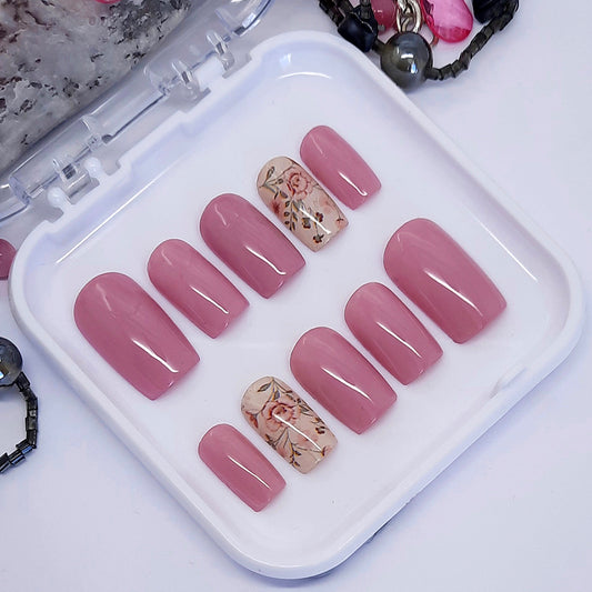 Pink Press On Nails with Floral Accent