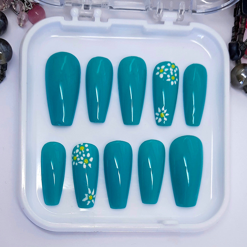 Blue Press On Nails with Hand Painted Flowers