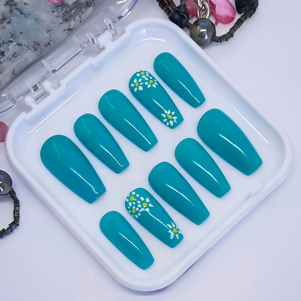 Blue Press On Nails with Hand Painted Flowers