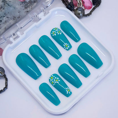 Blue Press On Nails with Hand Painted Flowers