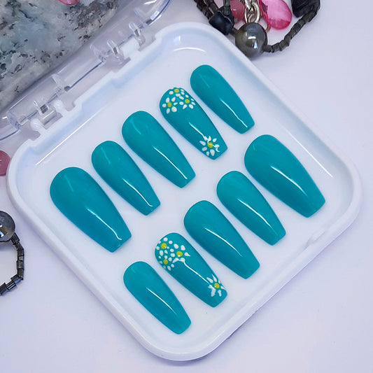 Blue Press On Nails with Hand Painted Flowers