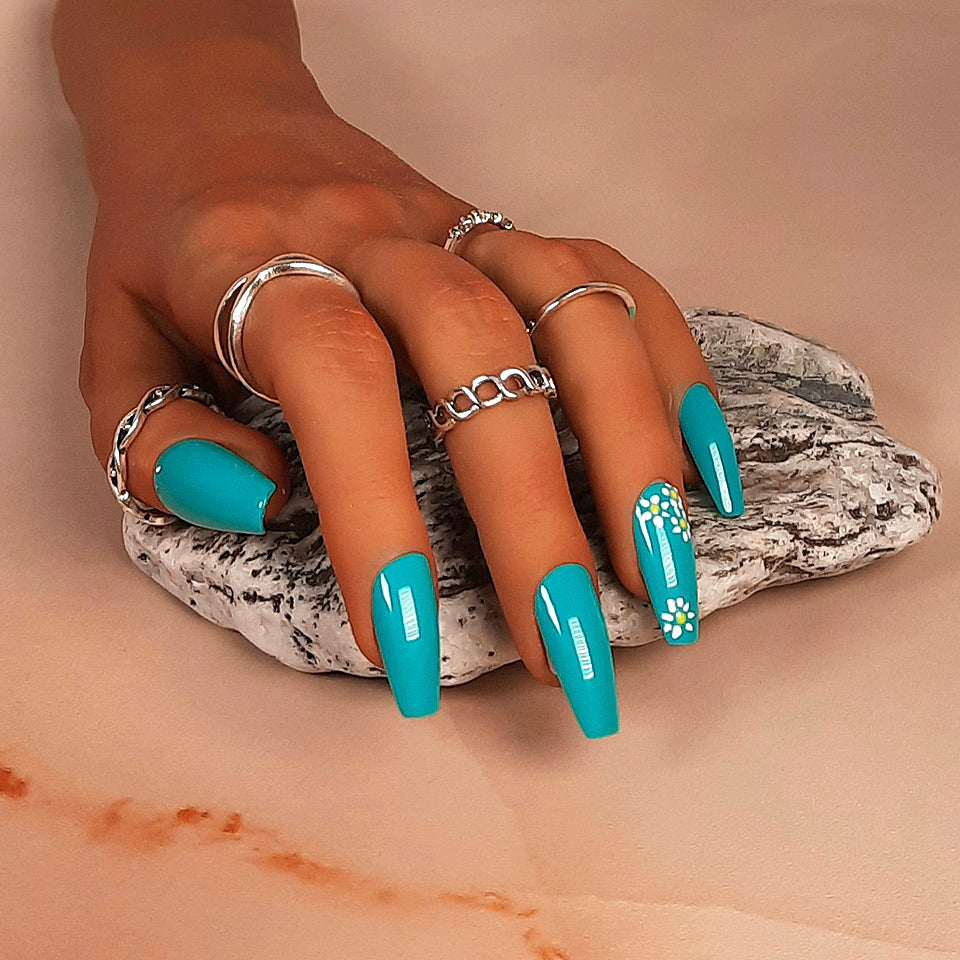 blue medium coffin press on nails with hand painted flowers