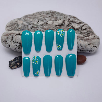 Blue Press On Nails with Hand Painted Flowers