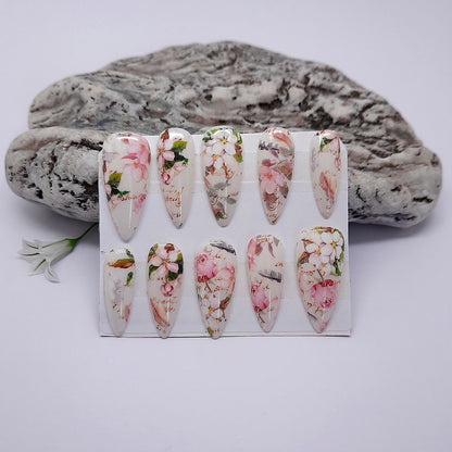 Beautiful Milky Press On Nails with Flowers & Feathers