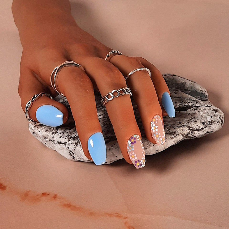 blue and nude short coffin press on nails with hand painted flowers