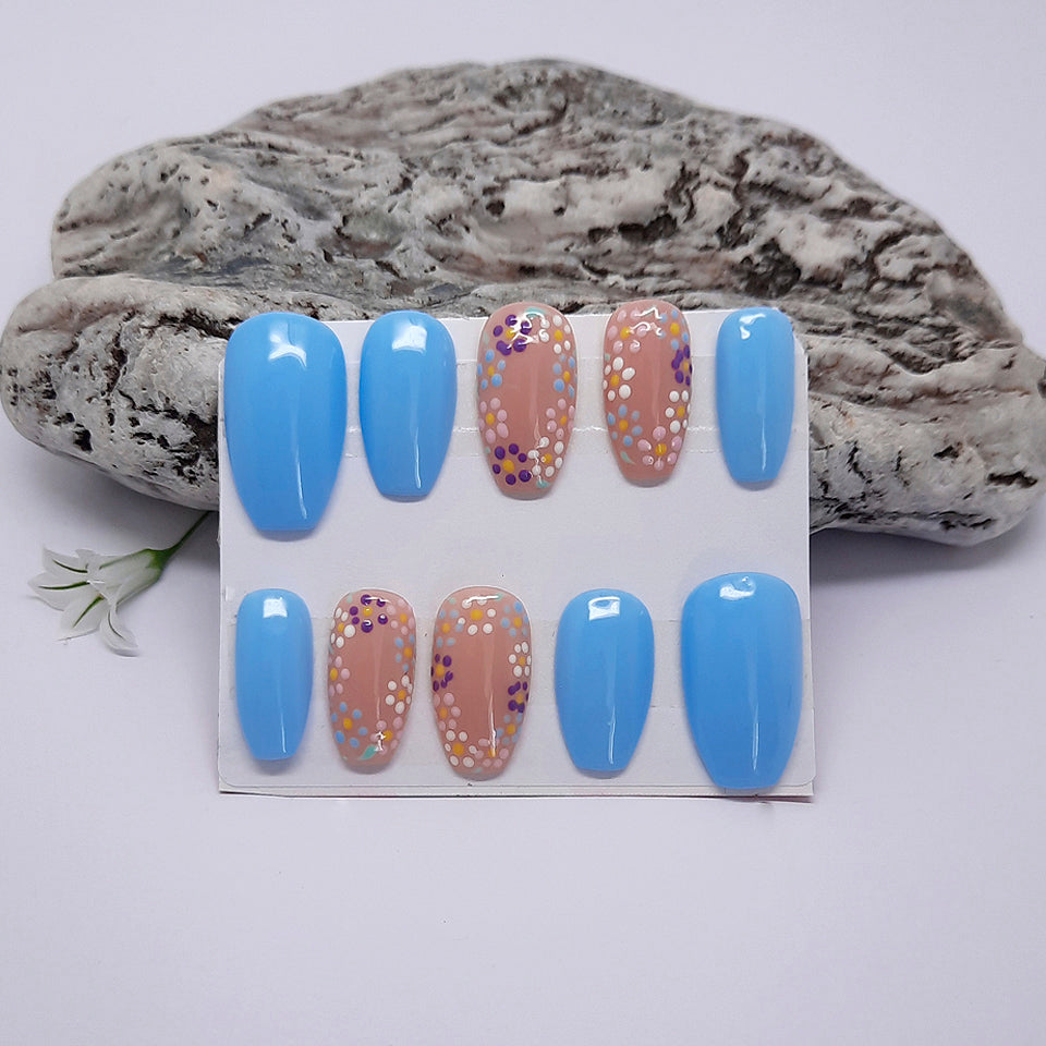 Blue Press On Nails with Hand Painted Flowers