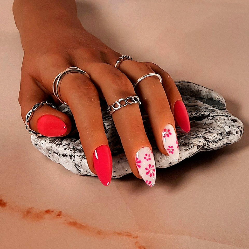 pink and white stiletto press on nails with pink hand painted flowers