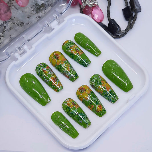 Green Press On Nails with Flowers