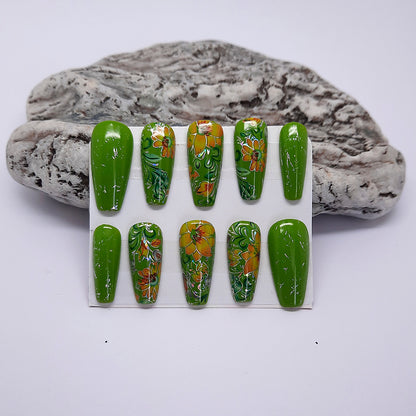 Green Press On Nails with Flowers