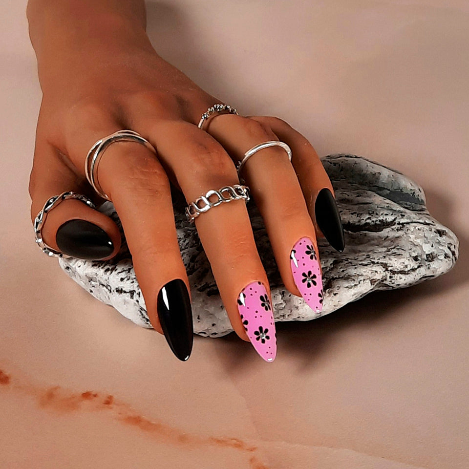 pink and black almond hand made press on nails with hand painted flowers