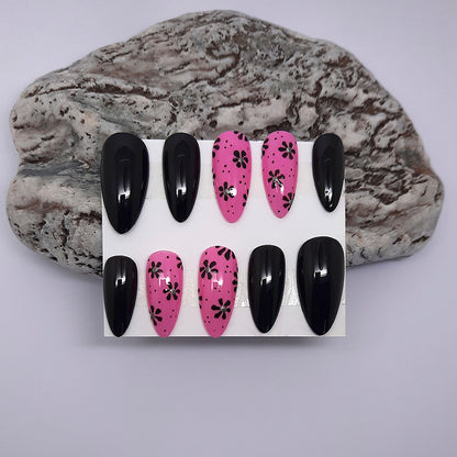 Black & Pink Floral Press On Nails