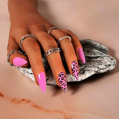 hand made pink leopard print stiletto press on nails