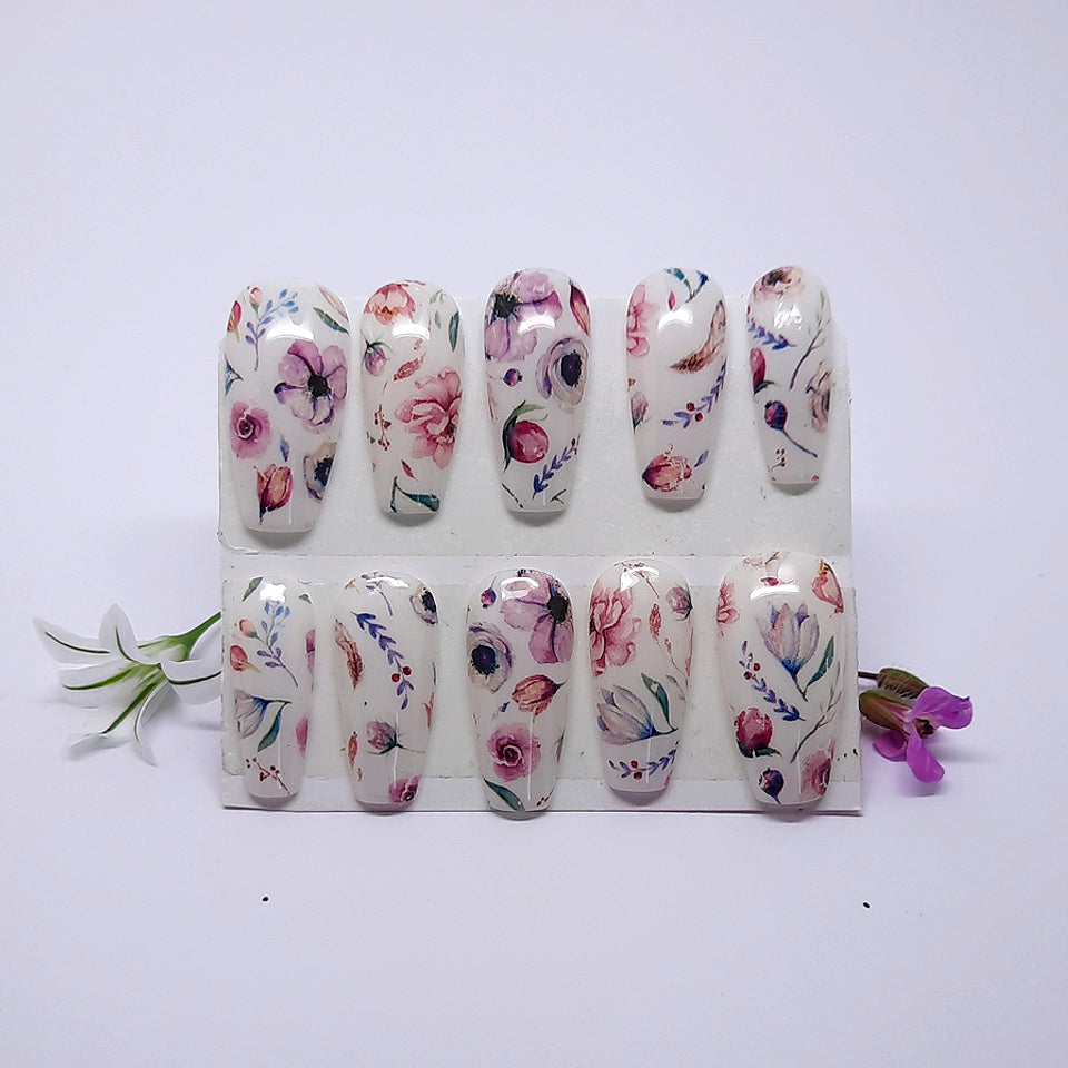 White Press On Nails with Pastel Flowers