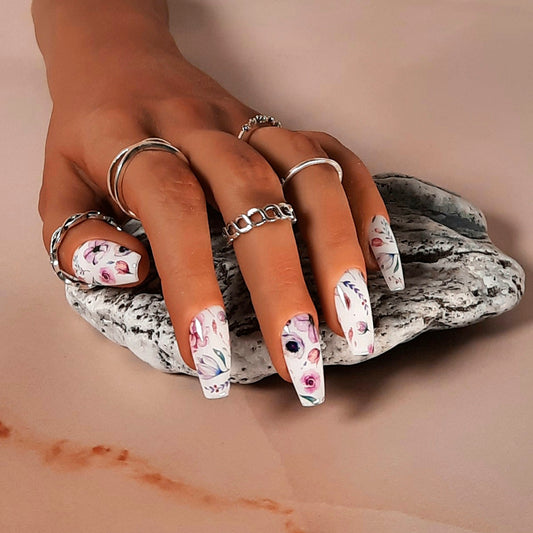 White Press On Nails with Pastel Flowers