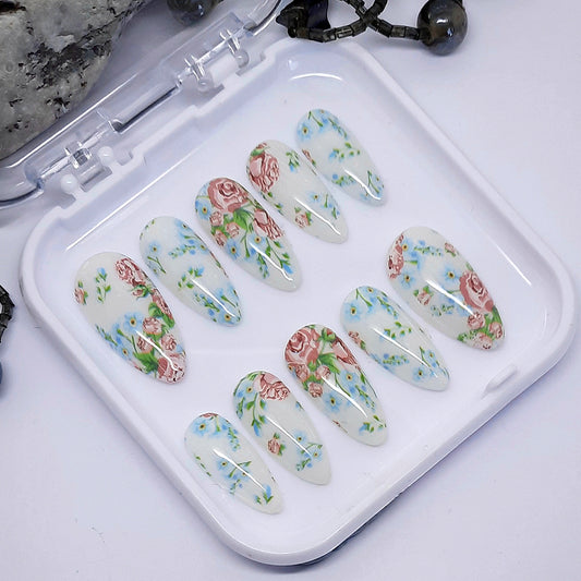White Press On Nails with Roses