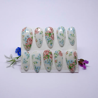 White Press On Nails with Roses
