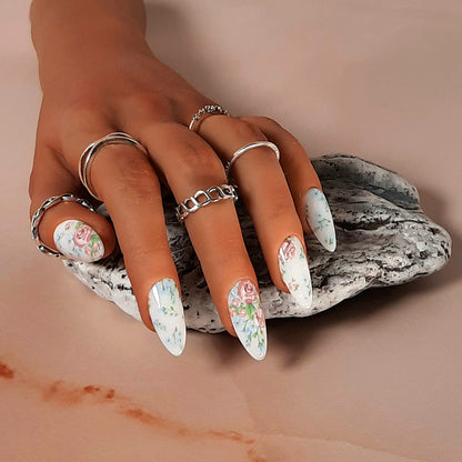 White Press On Nails with Roses