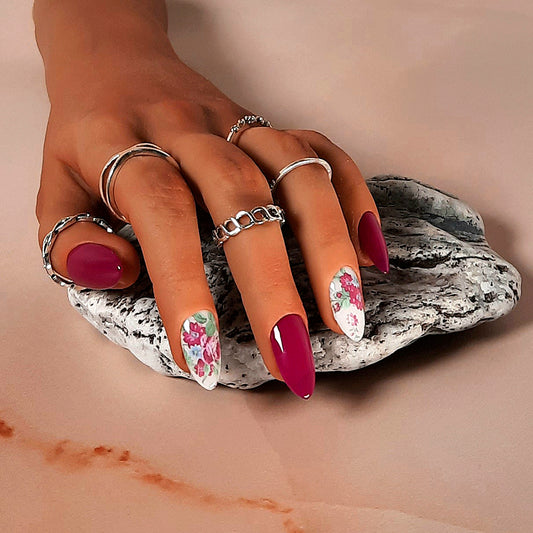 hand made almond press on nails with flowers