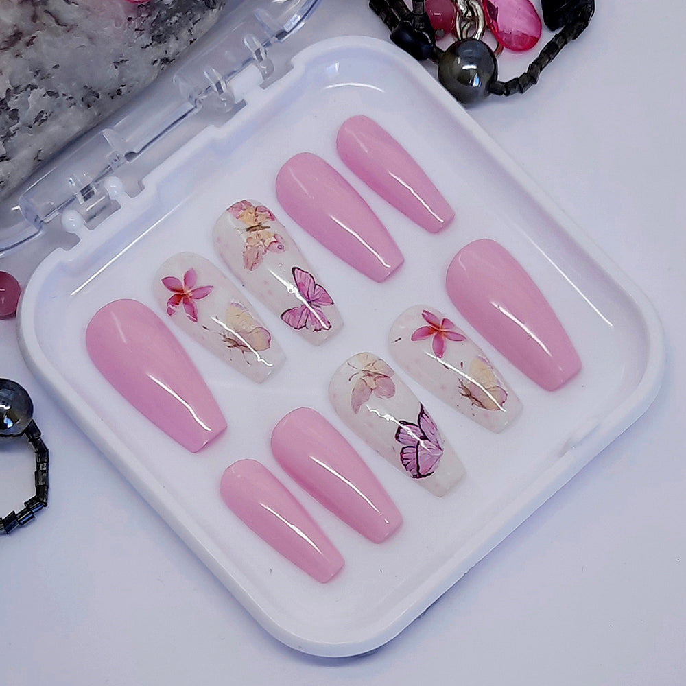 Pale Pink & White Press On Nails with Butterflies