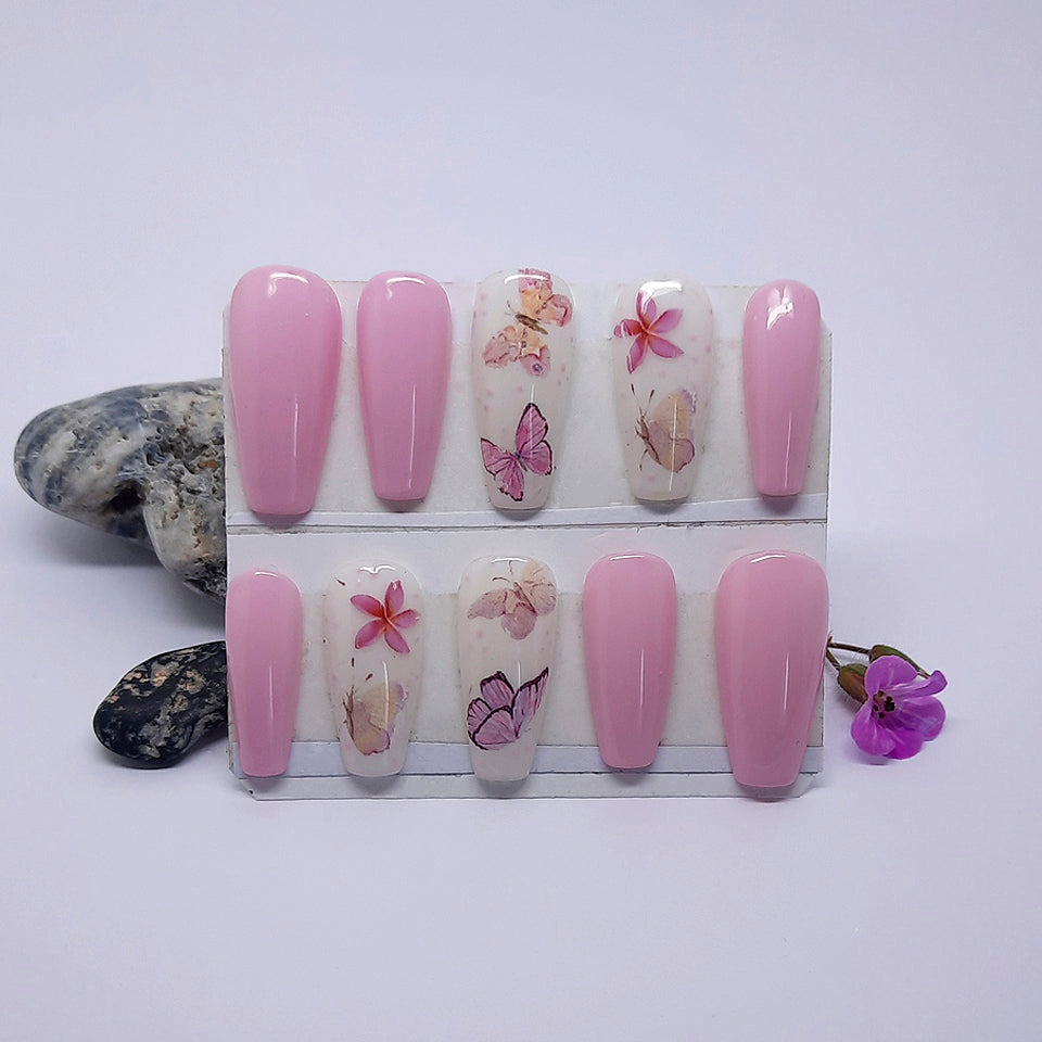Pale Pink & White Press On Nails with Butterflies
