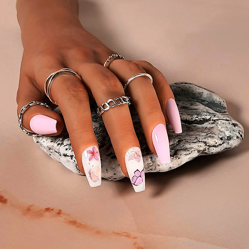 hand made pink and white coffin press on nails with butterflies and flowers