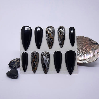 Black Press On Nails with Marbling