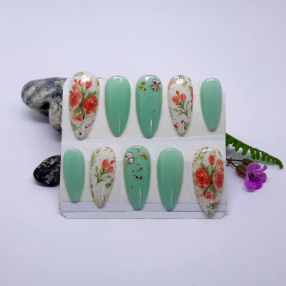 Green & White Press On Nails with Roses