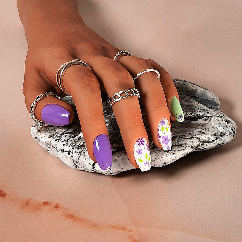 hand made purple short coffin press on nails with flowers