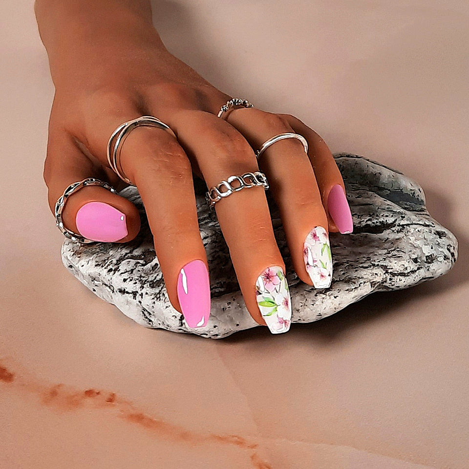 pink and white short coffin press on nails with flowers