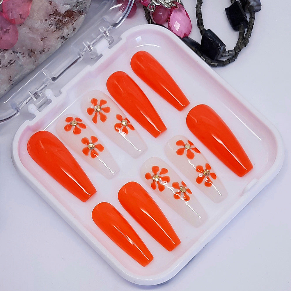 Bright Orange Floral Press On Nails