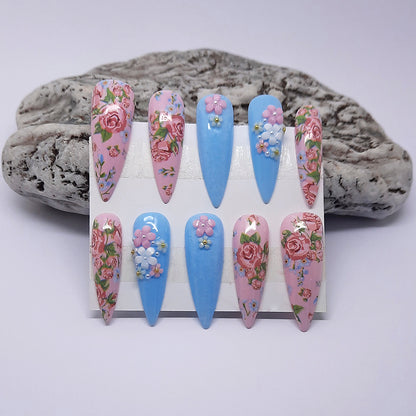 Pink & Blue Press On Nails with Flowers