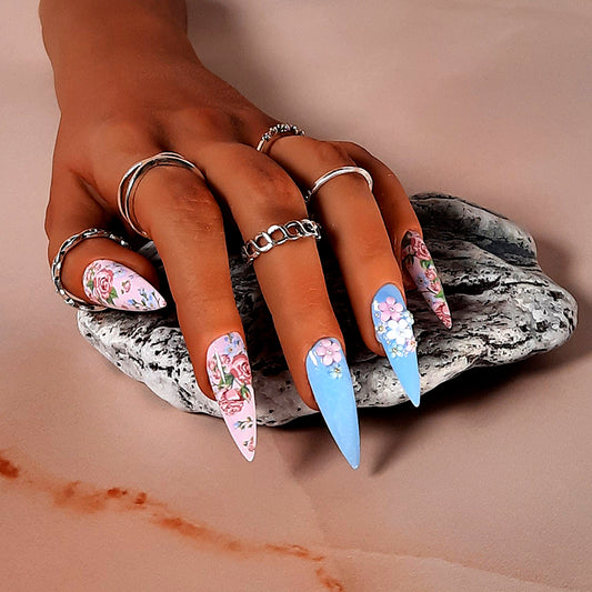 hand made long stiletto press on nails in pink and blue with roses and 3d flowers